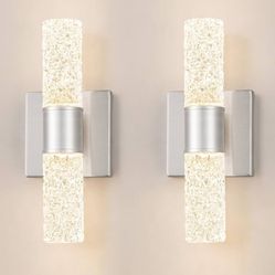 Brushed Nickel Wall Sconces Set of 2, LED Bathroom Vanity Light Fixtures, Hardwired Crystal Sconces Wall Lighting Over Mirror, LED Wall Mount Lights f