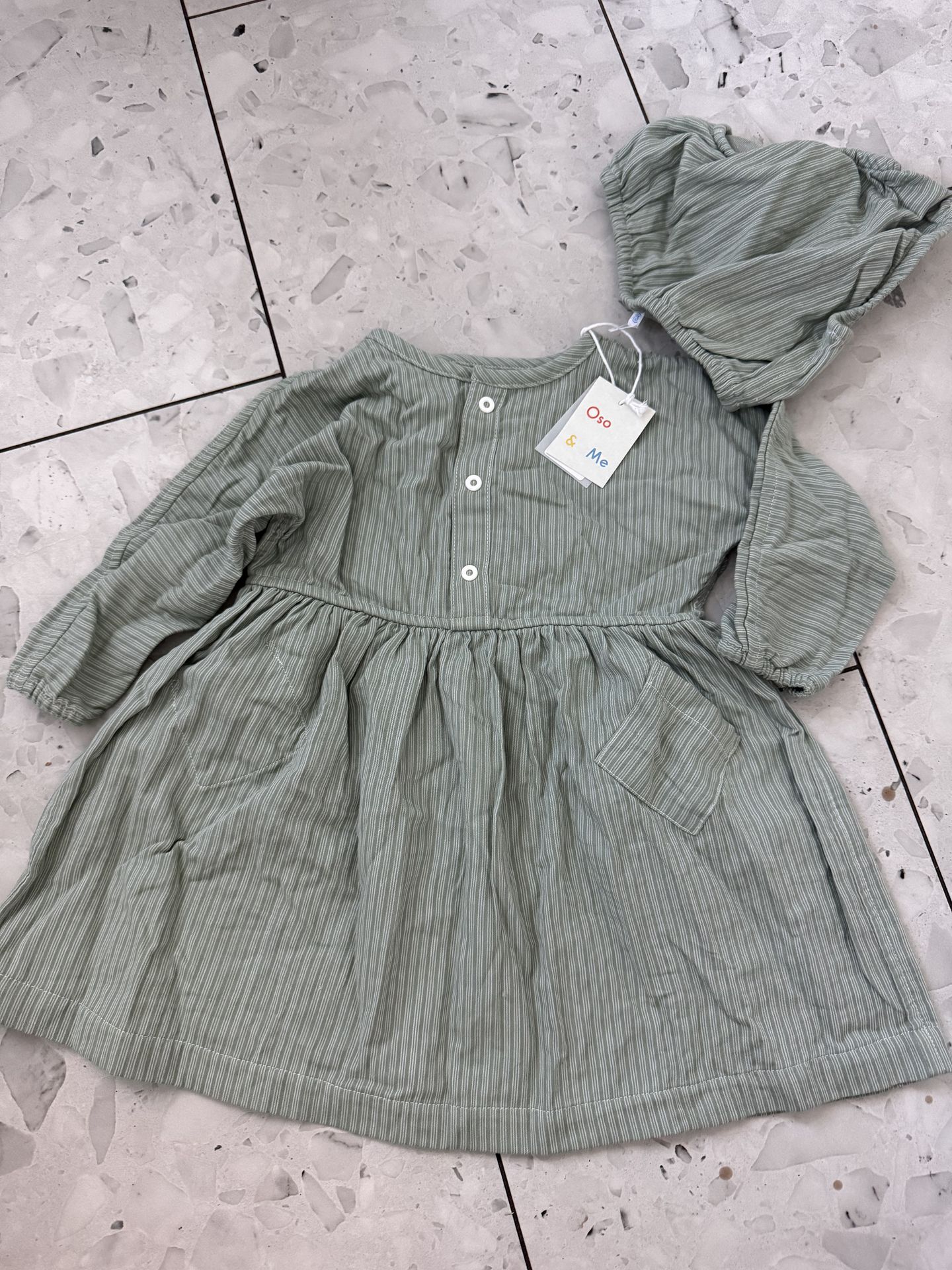 Oso & Me Green Striped Cotton Dress Set Bloomers Girls 3 Long Sleeve