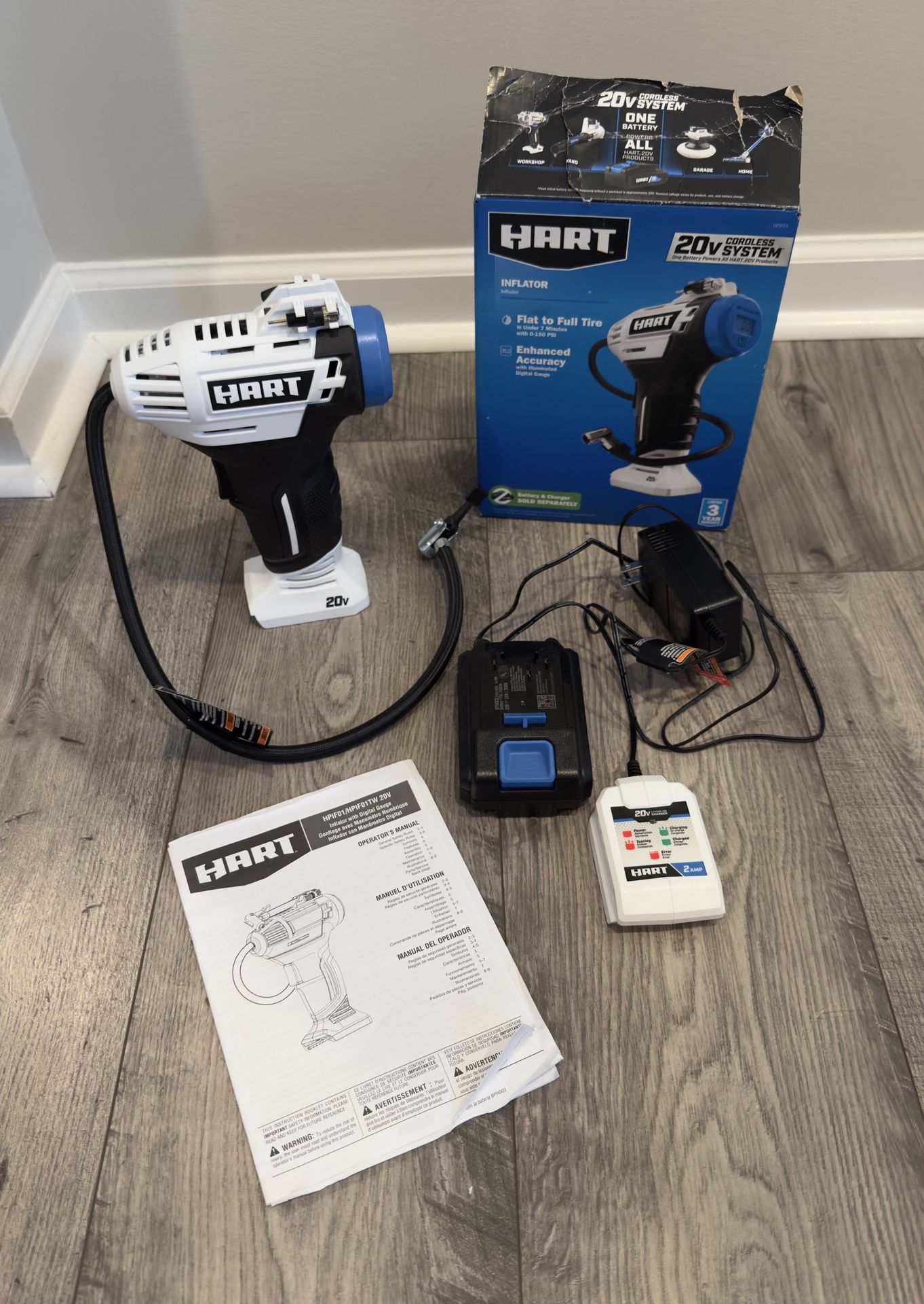 Hart 20V Cordless Inflator Tool W/ Nozzle Accessories & WITH Battery & Charger 