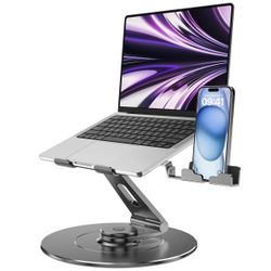 Ultra-Stable Aluminumy Swivel Laptop Stand for Desk with Rotating Foldable Phone Holder, 300% Larger Base, Stylish Computer Stand for Women, Men Offic
