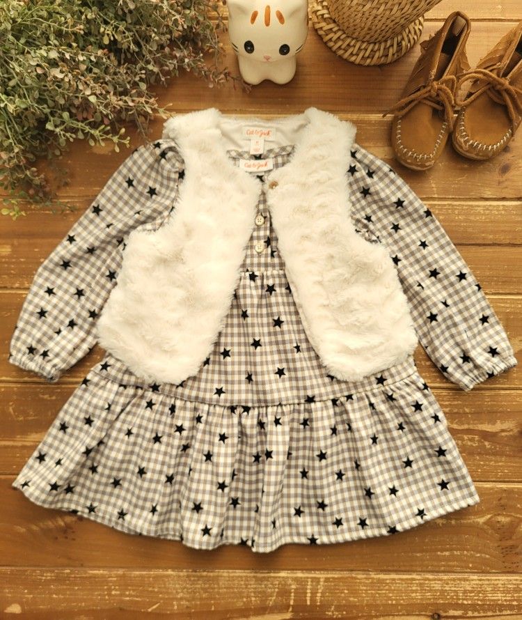 2T 2-PIECE SET TAN & GRAY PLAID STAR LONG-SLEEVE DRESS W/FAUX FUR VEST **BRAND NEW W/OUT TAGS**