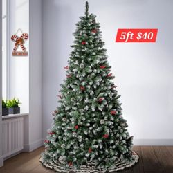 Brand New In Box! 5 Ft Flocked Christmas Tree With Berries & Pines Arbol De Navidad Indoor Outdoor Holiday Decor