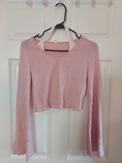 Pink Ribbed Crop Top with Bell Sleeves