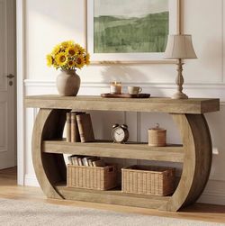 Farmhouse Console Table, 3-Tier Wooden Entryway Table with Storage Shelves, 63-Inch Long Rectangular Sofa Console Behind the Couch for Entrance, Hallw