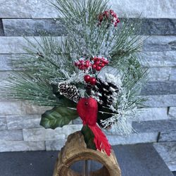 Christmas Decor W/ Cardinal & Pine Tree In A Wood Vase W/  Glass Tube