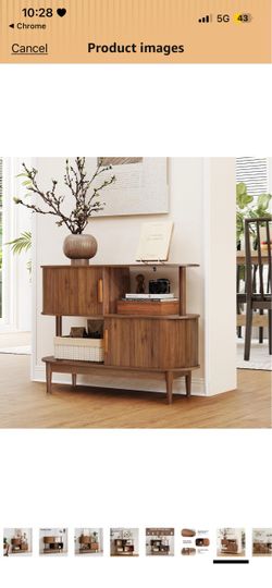 42.5" Buffet Cabinet with 2 Open Storage, Oval Sideboard Cabinet with Sliding Doors Modern Accent Coffee Bar Wood Kitchen Storage Cabinets for Kitchen