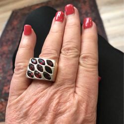 Large Silver Ring With 9 Garnets 