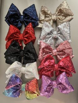 Set of 10 New Sequin Boutique Jumbo Hair Bows Jojo Siwa (Rainbow Colors, Pink, Purple, Silver, Gold, Black, White, Red, Navy Blue) Holiday Hairbows