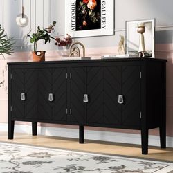 NEW Four-Door Sideboard Console Table with Geometric Line Patterns and Vintage Metal Handles for Timeless Elegance