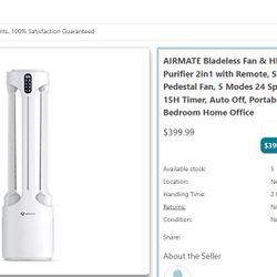 Bladeless Fan & HEPA Filter Air Purifier 2in1 with Remote, Silent 45”Oscillating Pedestal Fan, 5 Modes 24 Speeds, LED Display, 15H Timer, Auto Off, Po