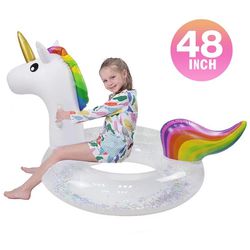 Inflatable Unicorn Pool Float Ride with Fast Valves Large Rideable Blow-up Summer Beach Swimming Pool Toys Kids Adults (48 inch)