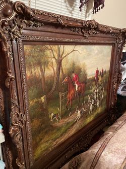 Huge Vintage Fox Hunt Oil Painting in Beautiful Custom Wood Frame