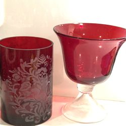 Beautiful Festive Ruby Red Glass - Etched Glass Tall Candleholder / Vase  & Compote Bowl.   2 pieces 1 price !!  Ruby Red Etched Glass Tall Candlehold