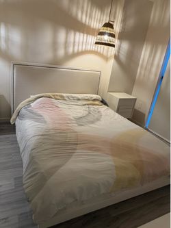 CB2 Queen White Lacquer Bed frame with nailheads