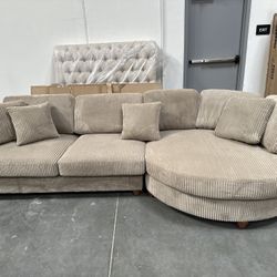 New! 125”L Oversized Couch, Plush Sectional, Sectional With Round Chaise, Corduroy Sectional, Brown Couch, Sofa, Soft Plush Couch, Long Couch, Sofas