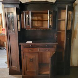 Antique Vintage Wood Desk/Armoire Cabinet W/Glass Doors, Adjustable Shelves With Key