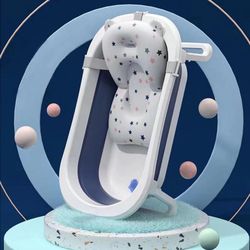 Baby Bathtub for Infants to Toddler Portable Travel Bathtub Multifunctional Bathtub with Drain Hole, Baby Folding Bathtub for Newborn 0-36 Month (Blue