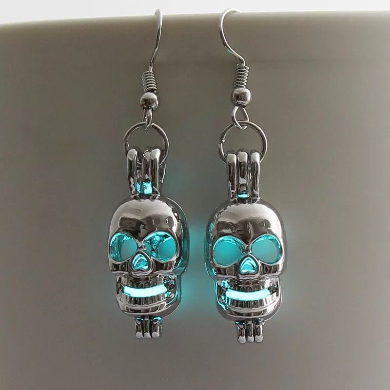 New Unique Blue Luminous Solar Glow Skull Earrings