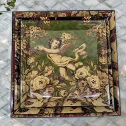 Set Of 3 Victorian French Country Decorative Square Plates/Trays, Cherub & Floral "Toile" Pattern