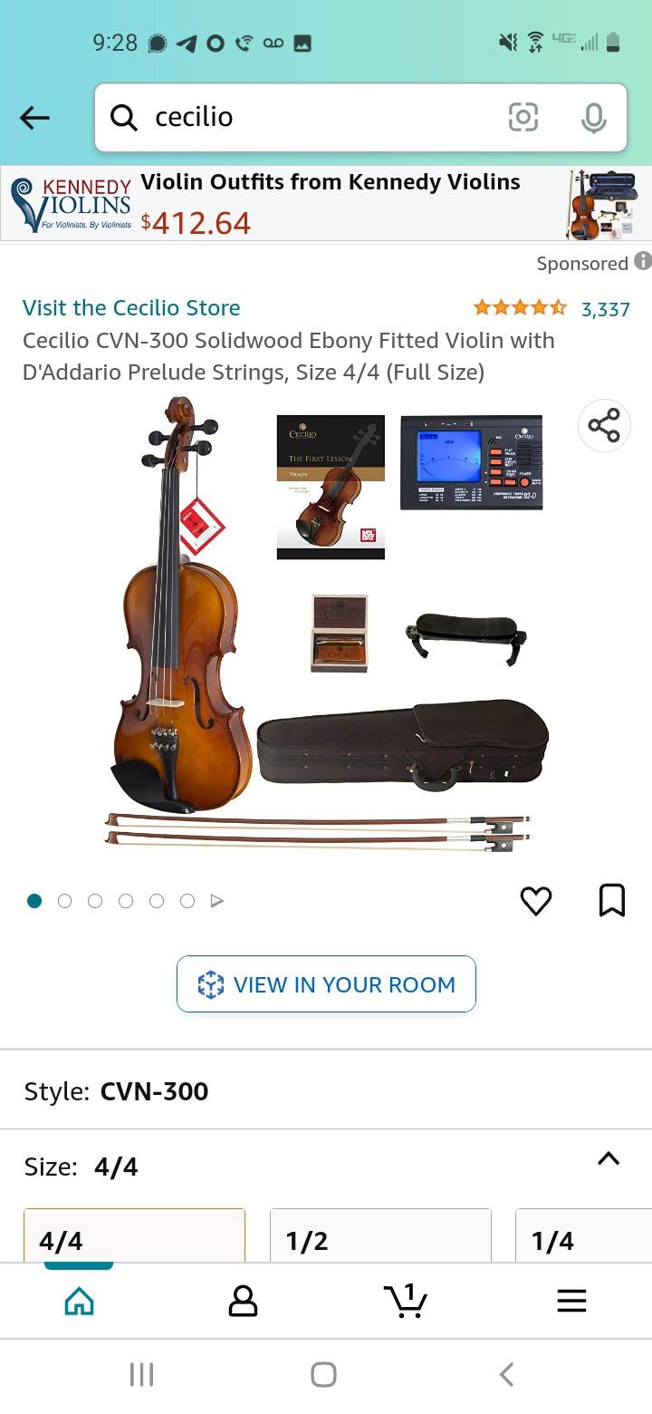 Cecilio CVN-300 Solidwood Ebony Fitted Violin with D'Addario Prelude Strings, Size 4/4 (Full Size)