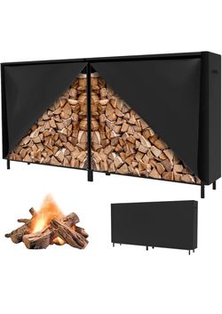 8Ft Firewood Rack Cover with Zipper & Adhesive Closing Strips, Heavy Duty Black 600D Polyester Oxford, Waterproof, Windproof, and Sun-Protective, Rack