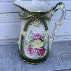 Antique/Vintage Porcelain Ewer Pitcher floral Unmarked 8”Hand Painted Roses Gold