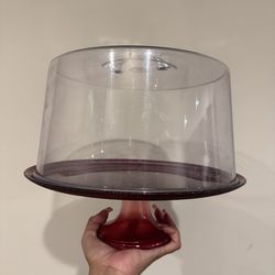 Red Glitter Swirl Glass Cake Stand With Clear Plastic Cover - See Photos