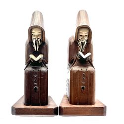 Two mid century hand carved 8" Monk or Priest reading bookends
