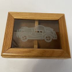 Etched Glass Antique Car Oak Playing Cards/Trinket Box
