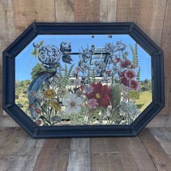 Vintage Decorative Beveled Mirror With Floral And A Bird Art