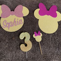 Minnie Mouse Cake Toppers And Glitter Candle..