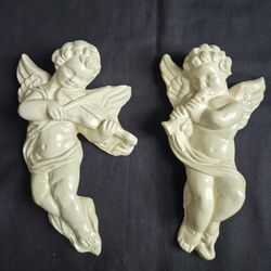 2 Vintage Ceramic Angel Wall Hangings Decorative Cherub Figurines  10" Tall Each