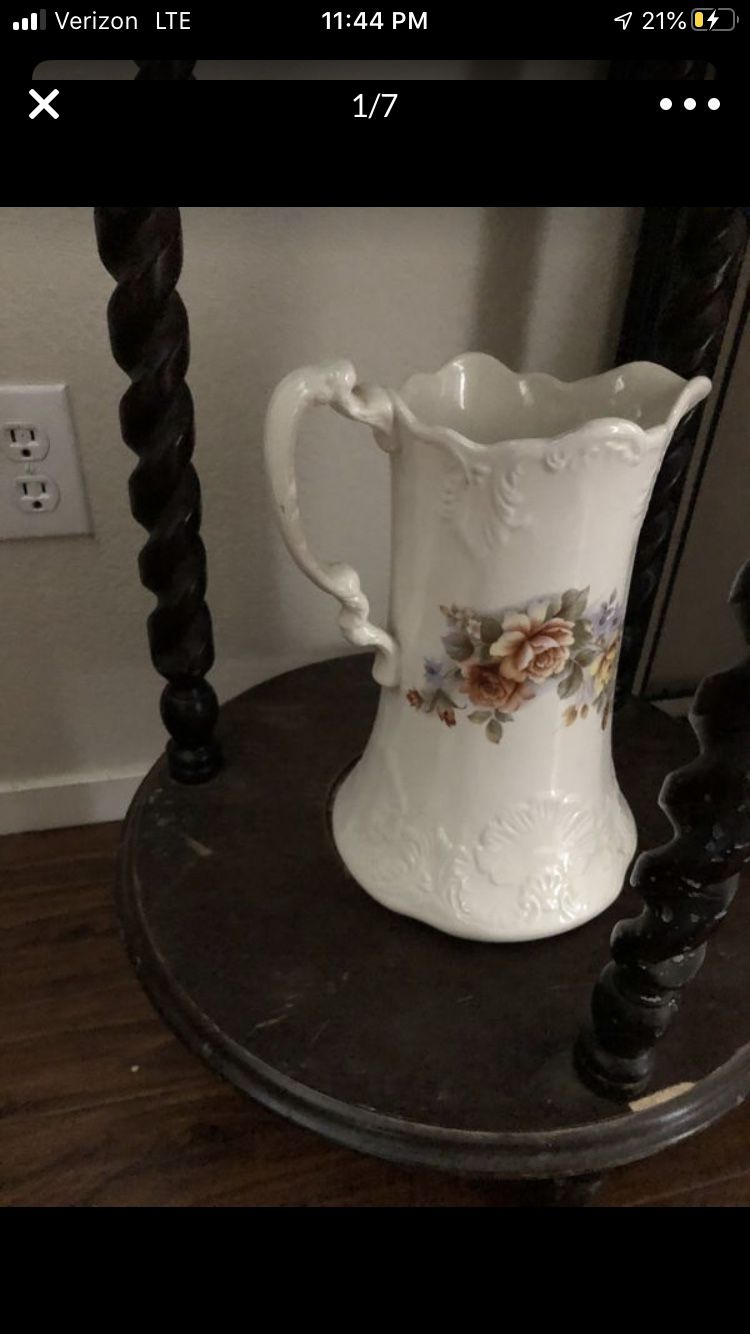 ANTIQUE WASH BASIN AND PITCHER WITH STAND AND MIRROR