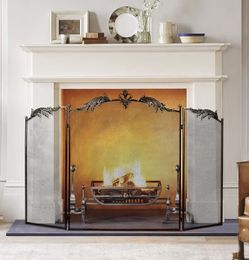  Fireplace Screen, 50 x 32 in, Bronze, 3 Panel Decorative Flat Cover, Vintage Arched