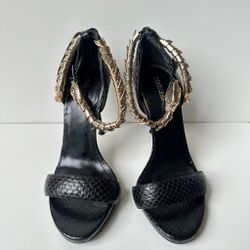 Roberto Cavalli Black Python Embossed Snake Ankle Strap Heels size 6 gold black