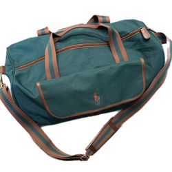 Vintage Polo Ralph Lauren Duffel Bag Green Canvas & Brown Leather Trim Travel