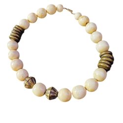 Statement Choker Necklace with Creamy Beads and Brass Accents