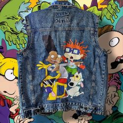 Members Only X Nickelodeon Rugrats Hey Arnold Rocko Cat Dog Denim Vest / Jacket Sz M