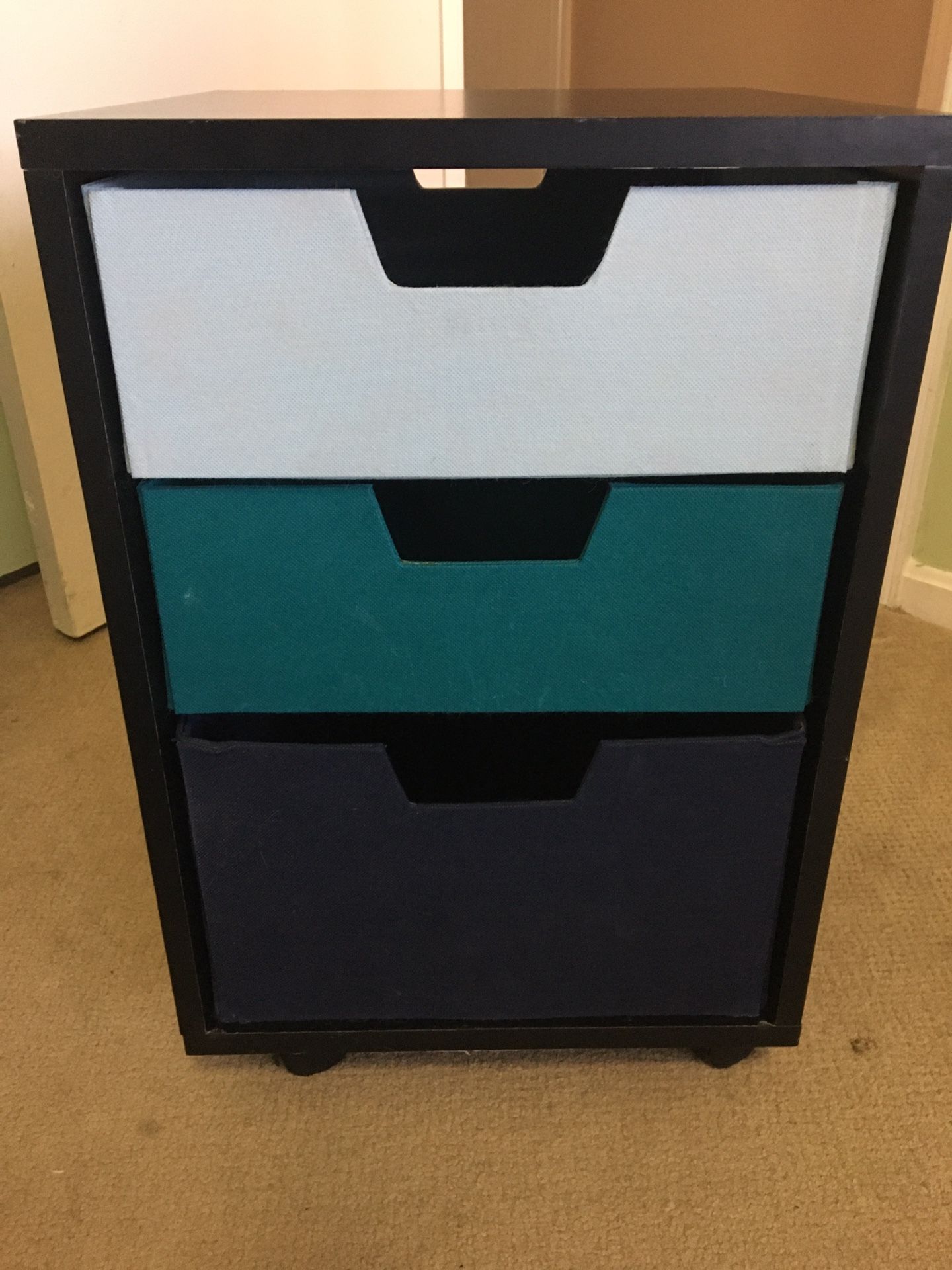 Rolling black wood storage cart or night stand, 3 cloth colored drawers / bins - great for storing crafts or anything