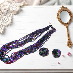 Vintage 1960s Multicolor Tube Beads 12-Strand Necklace & Knot Bead Knot Clip Earrings