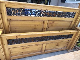 Pine Wood Bed Frame with Iron Scrollwork