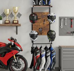 Helmet Holder Wall Mount, Motorcycle Helmet Stand, Motorcycle Accessories Display, Wall-Mounted Helmet Storage Rack with 4 Glove Clips