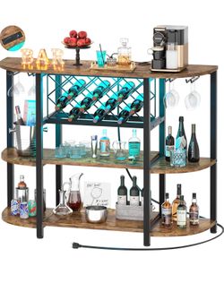 Floor Bar Cabinet for Liquor and Glasses, Wood Coffee Bar Table with Adjustable Wine Rack, FreeStanding Sideboard and Buffet Cabinet, Rustic