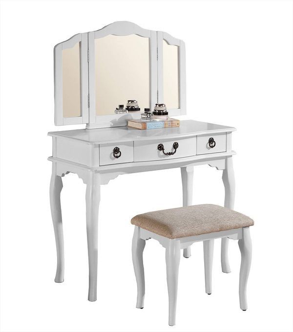 Susana Tri-fold Mirror Vanity Table with Stool Set, White new in box Warehouse Sale