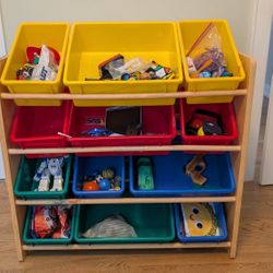  Natural Toy Storage Organizer with 12 Plastic Bins