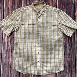 Carhartt Shirt Mens Medium Beige Tan Button Up Work Wear Casual Pockets 