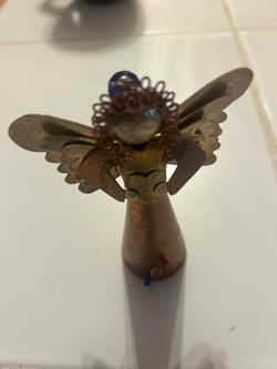 Handmade Christmas Angel Ornament Metal Scraps Figurine Colorful Beads Heart 5"