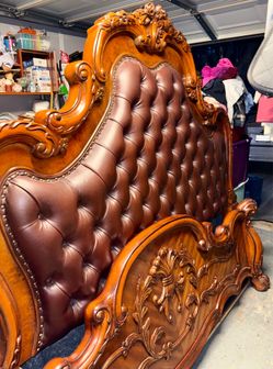 King Size Antique Solid Wooden and Leather Bed Frame
