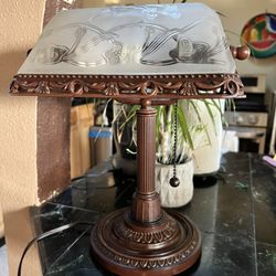 Antique Frosted Floral Glass Bankers Lamp 