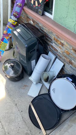 Grill, clothes, boots, shirts,  tent, AC Unit, Snare Drum